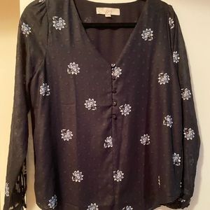 LOFT Navy embroidered long sleeve top